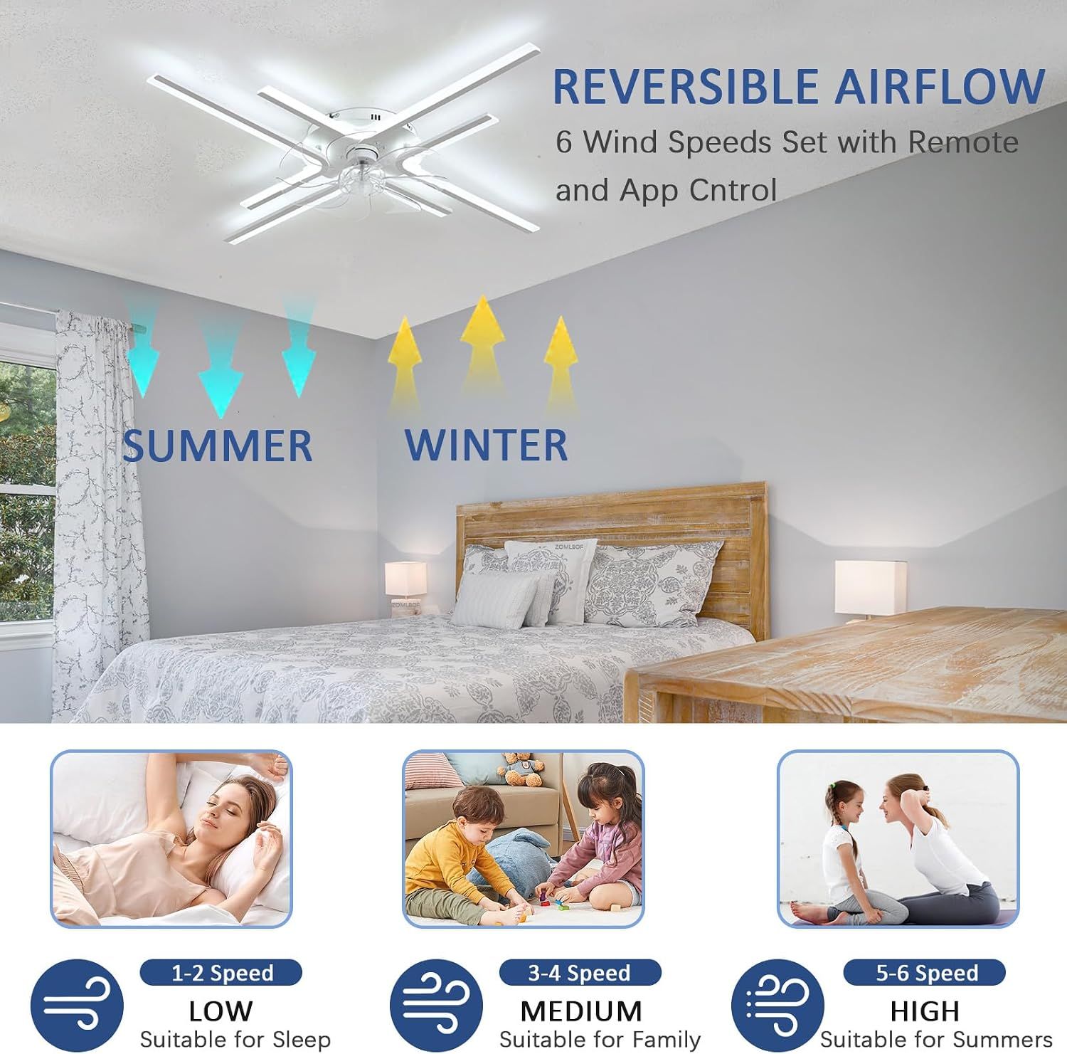 86CM Smart Ceiling Fan Light with Remote &amp; App Control 6-Speed Reversible LED Dimmable Chandelier
