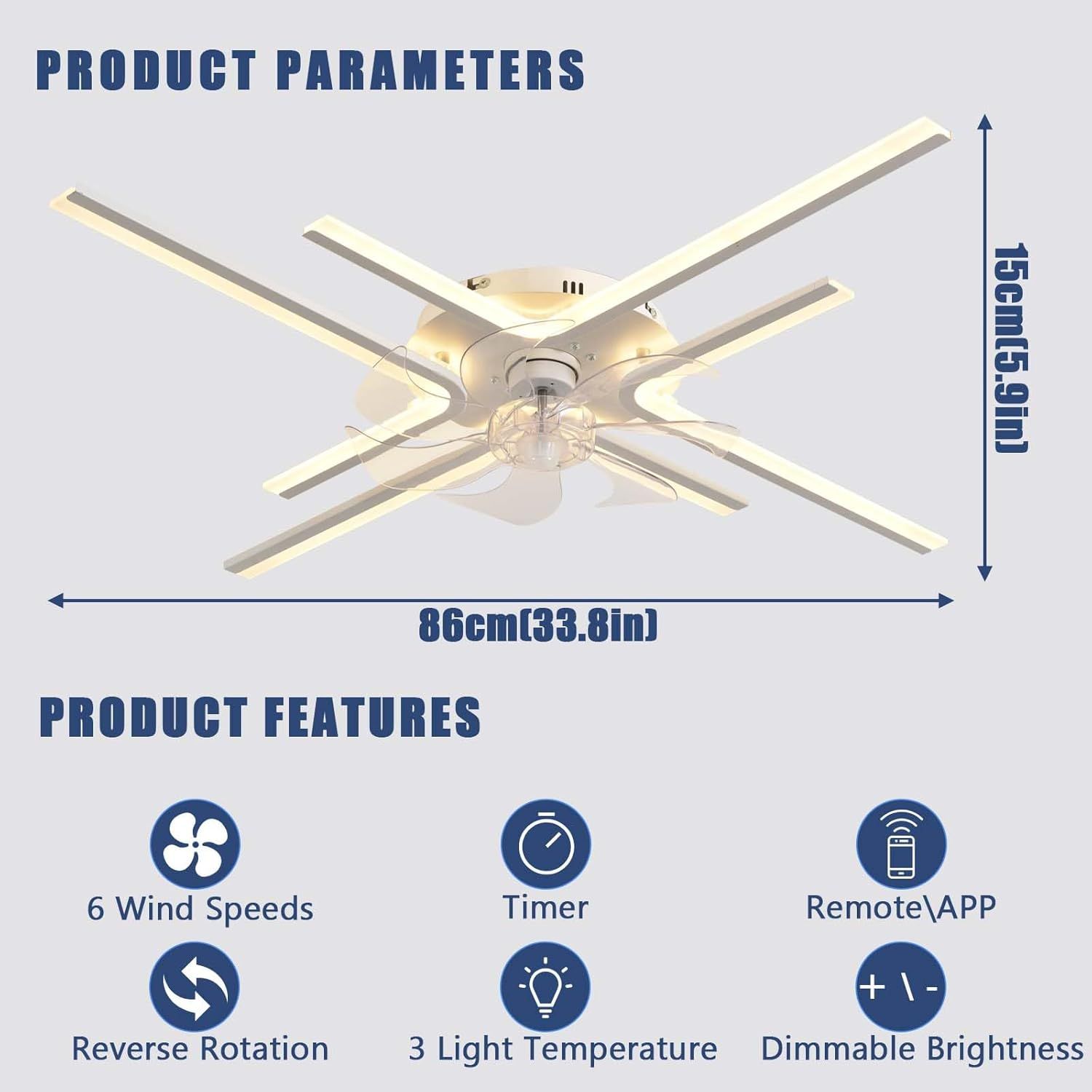 86CM Smart Ceiling Fan Light with Remote &amp; App Control 6-Speed Reversible LED Dimmable Chandelier