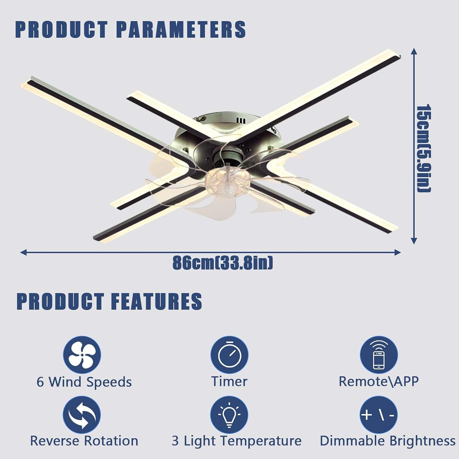 86cm Ceiling Fan with LED Light, Remote Control, 6-Speed, Black