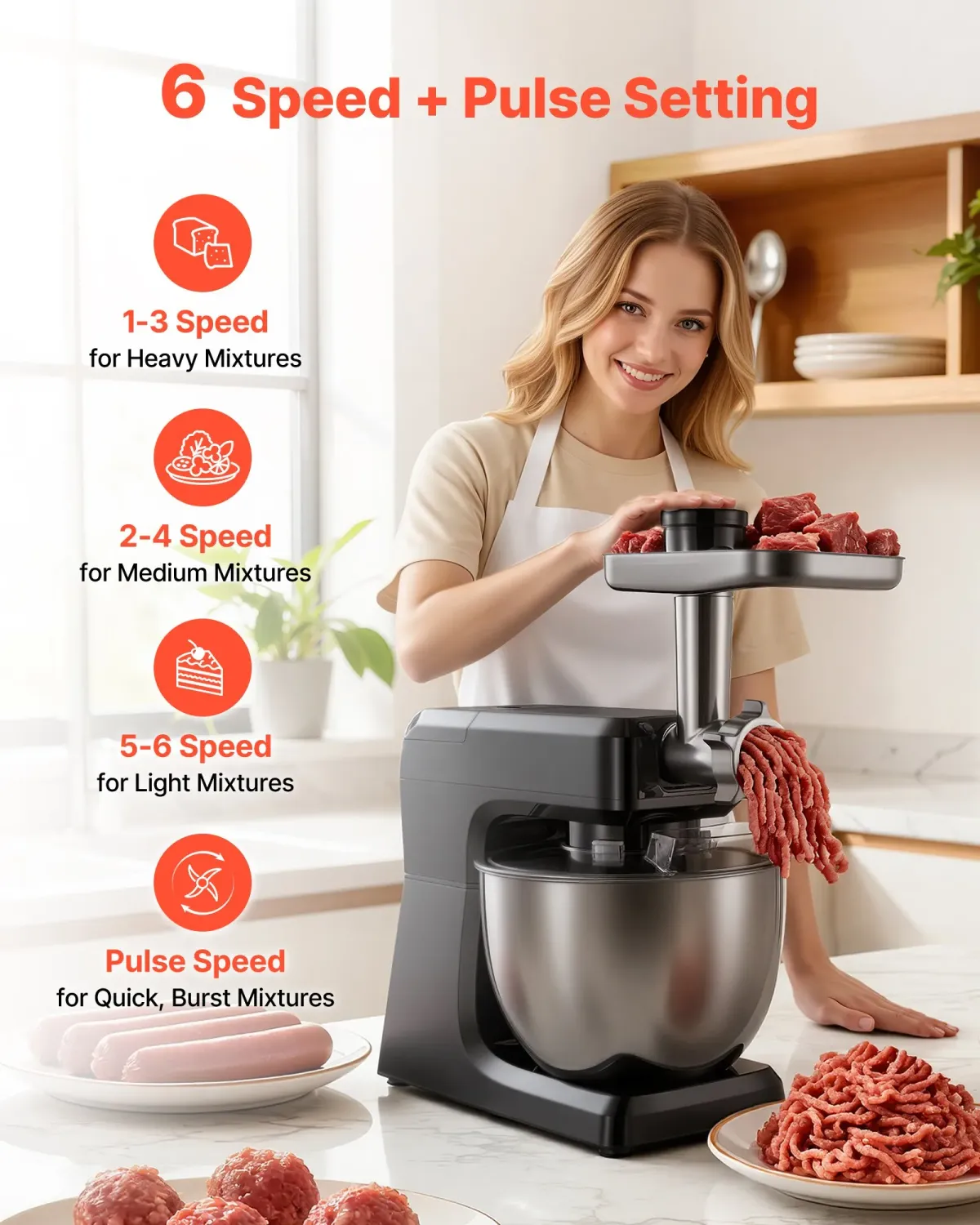 Red 5-in-1 Commercial Stand Mixer – 1500W, 7.8L Bowl