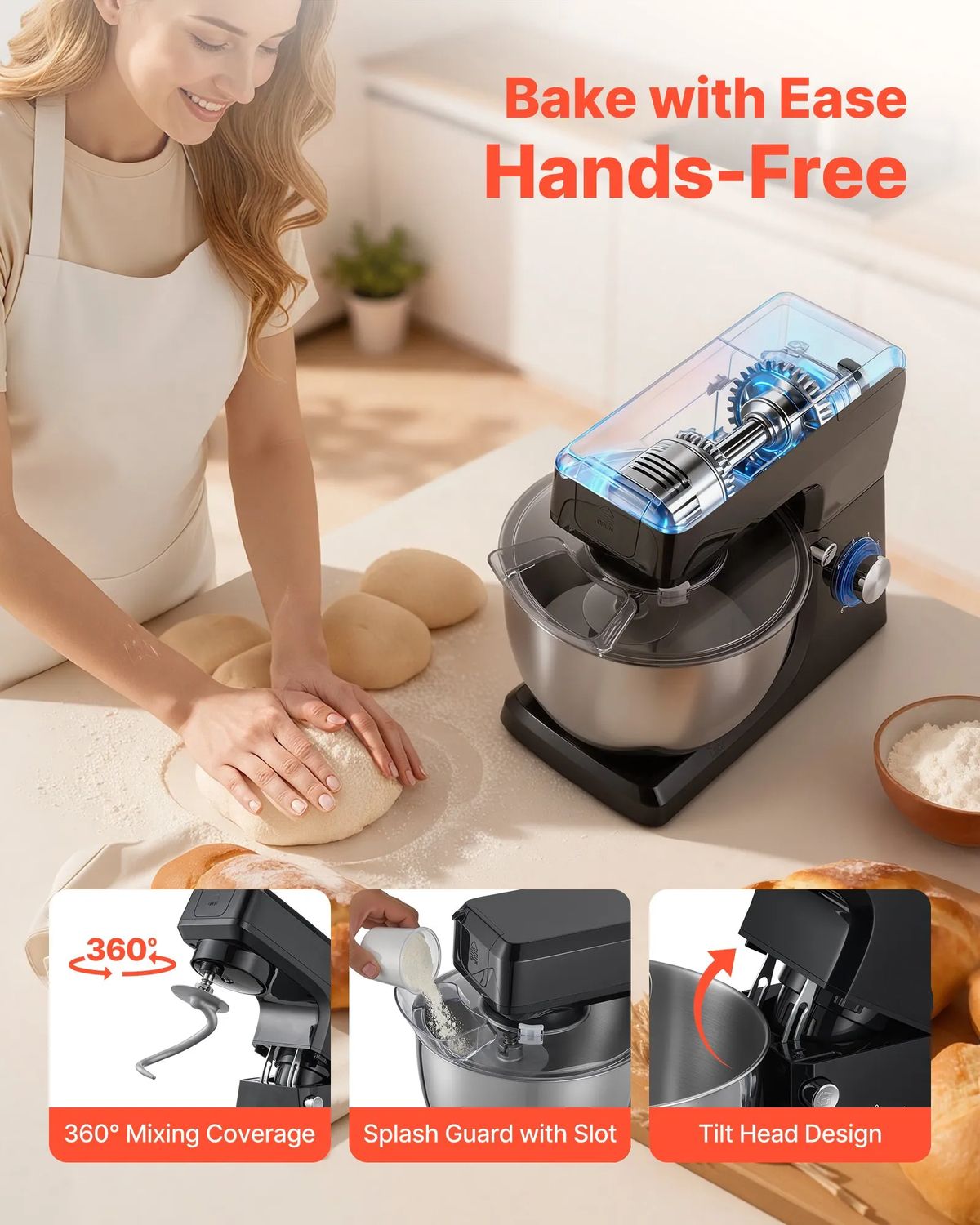 Red 5-in-1 Commercial Stand Mixer – 1500W, 7.8L Bowl