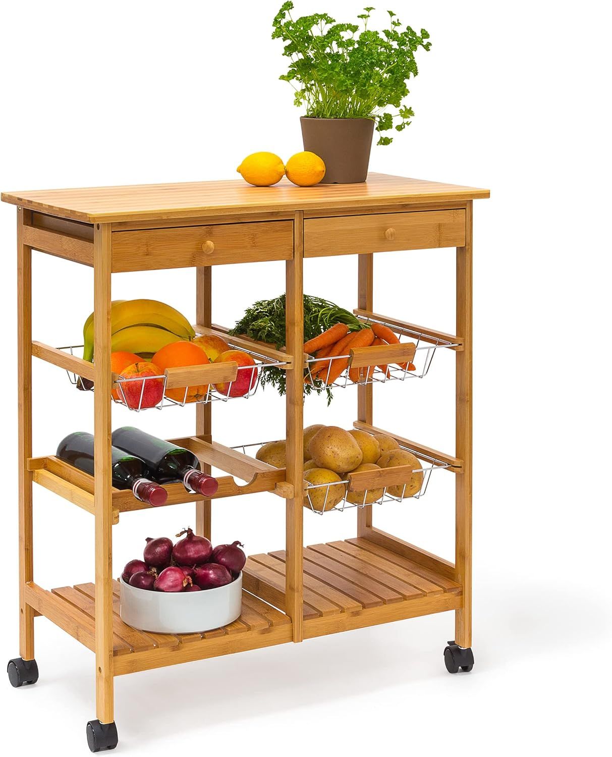 Wooden Kitchen Trolley Rolling Cart with 3 Shelves and Drawers