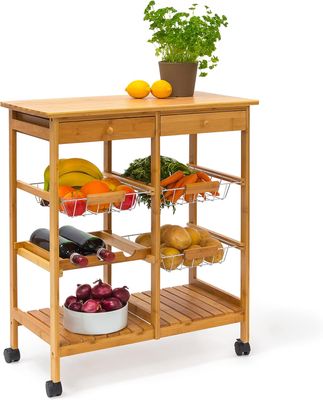 Wooden Kitchen Trolley Rolling Cart with 3 Shelves and Drawers