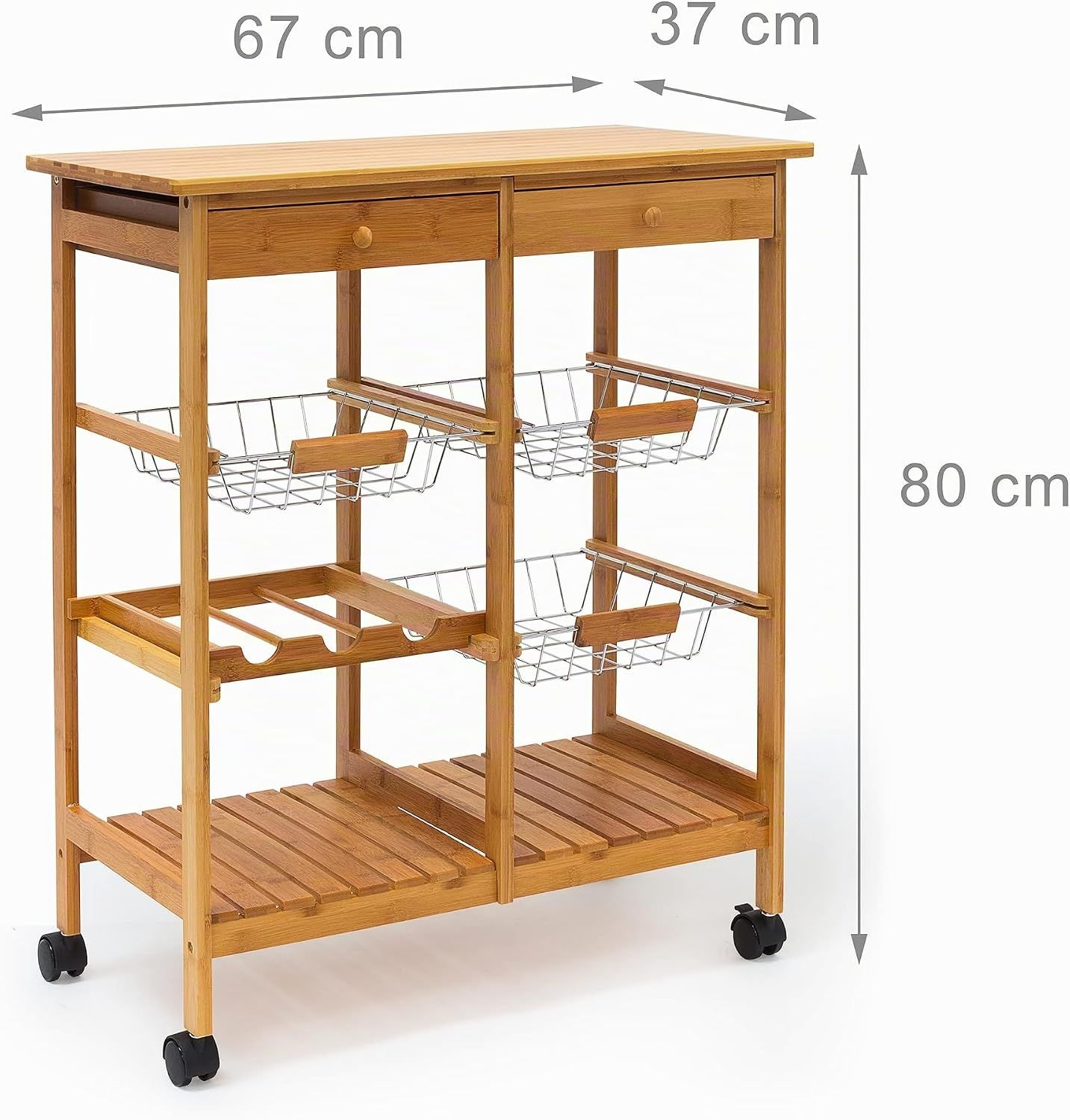 Wooden Kitchen Trolley Rolling Cart with 3 Shelves and Drawers