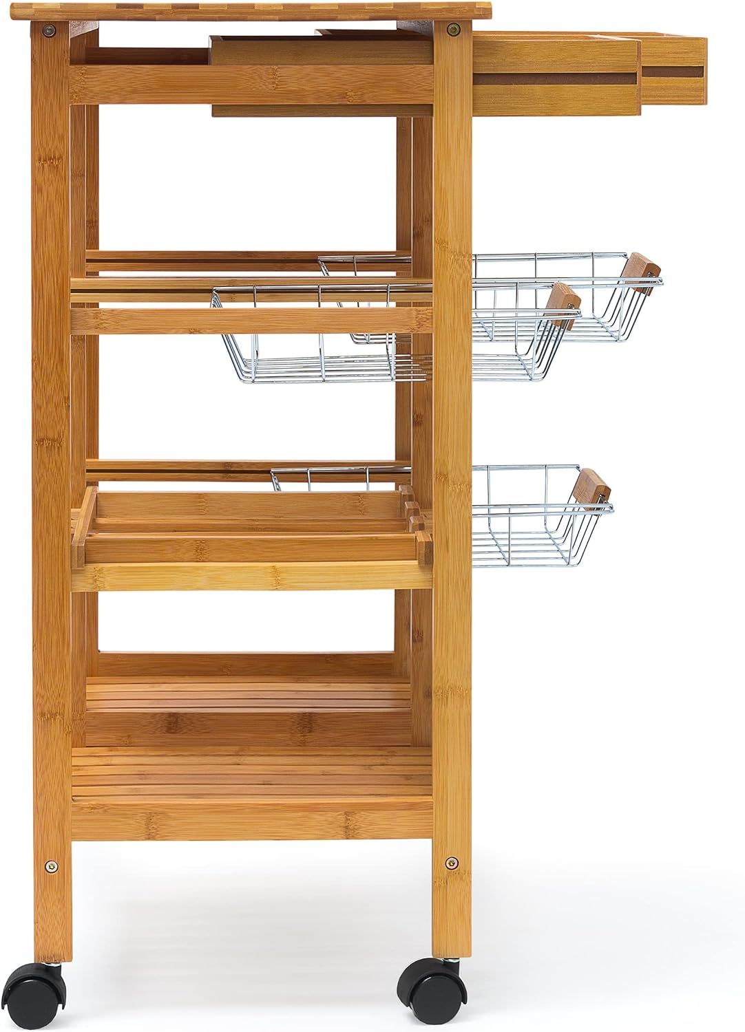 Wooden Kitchen Trolley Rolling Cart with 3 Shelves and Drawers