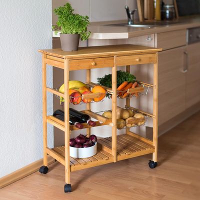 Wooden Kitchen Trolley Rolling Cart with 3 Shelves and Drawers