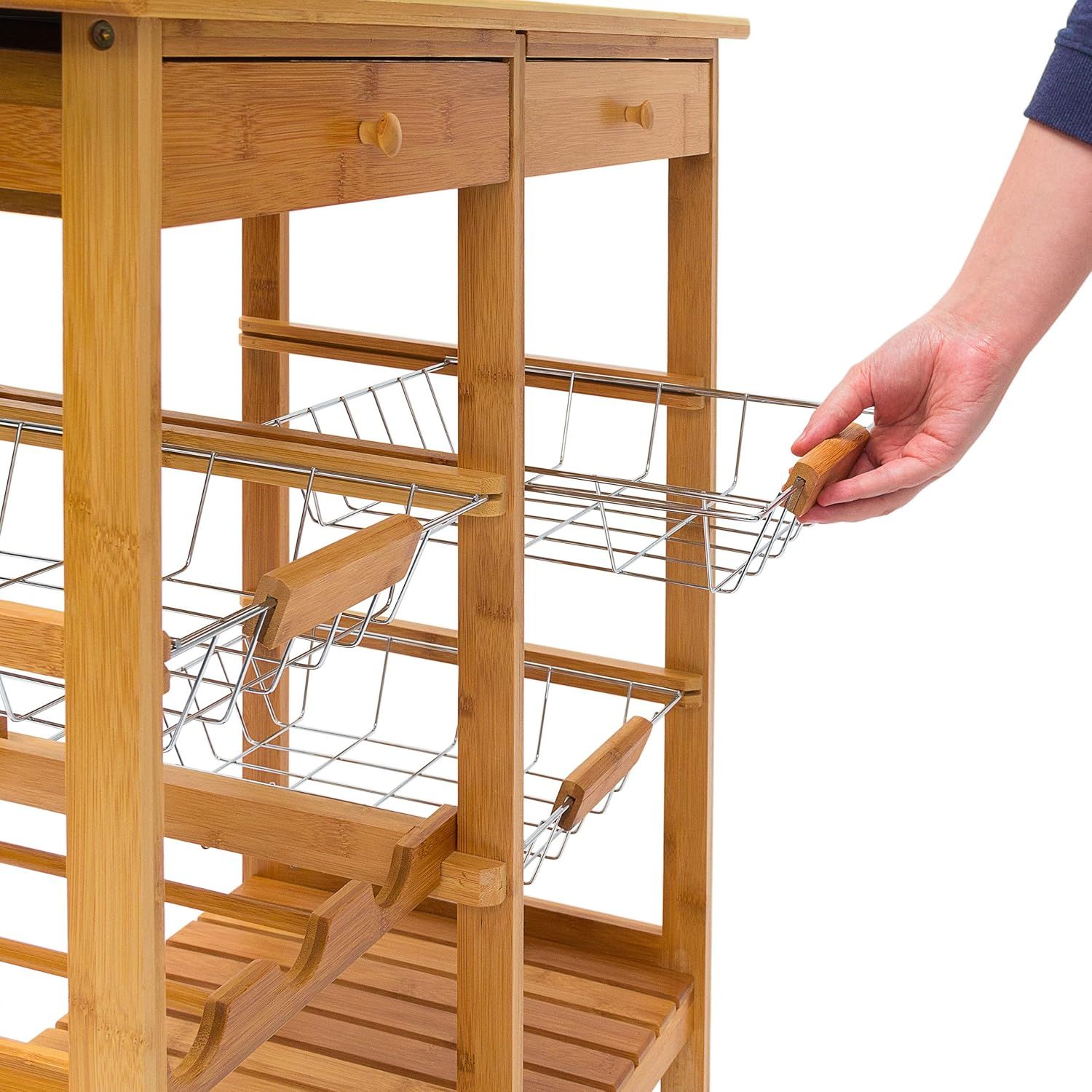 Wooden Kitchen Trolley Rolling Cart with 3 Shelves and Drawers