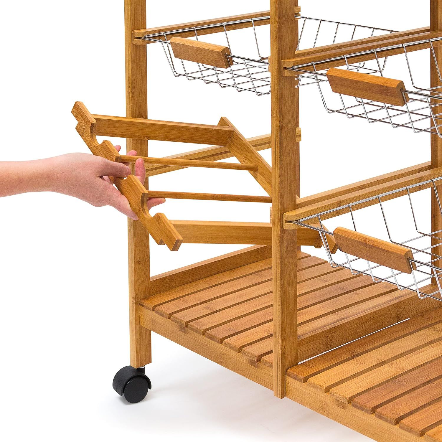 Wooden Kitchen Trolley Rolling Cart with 3 Shelves and Drawers