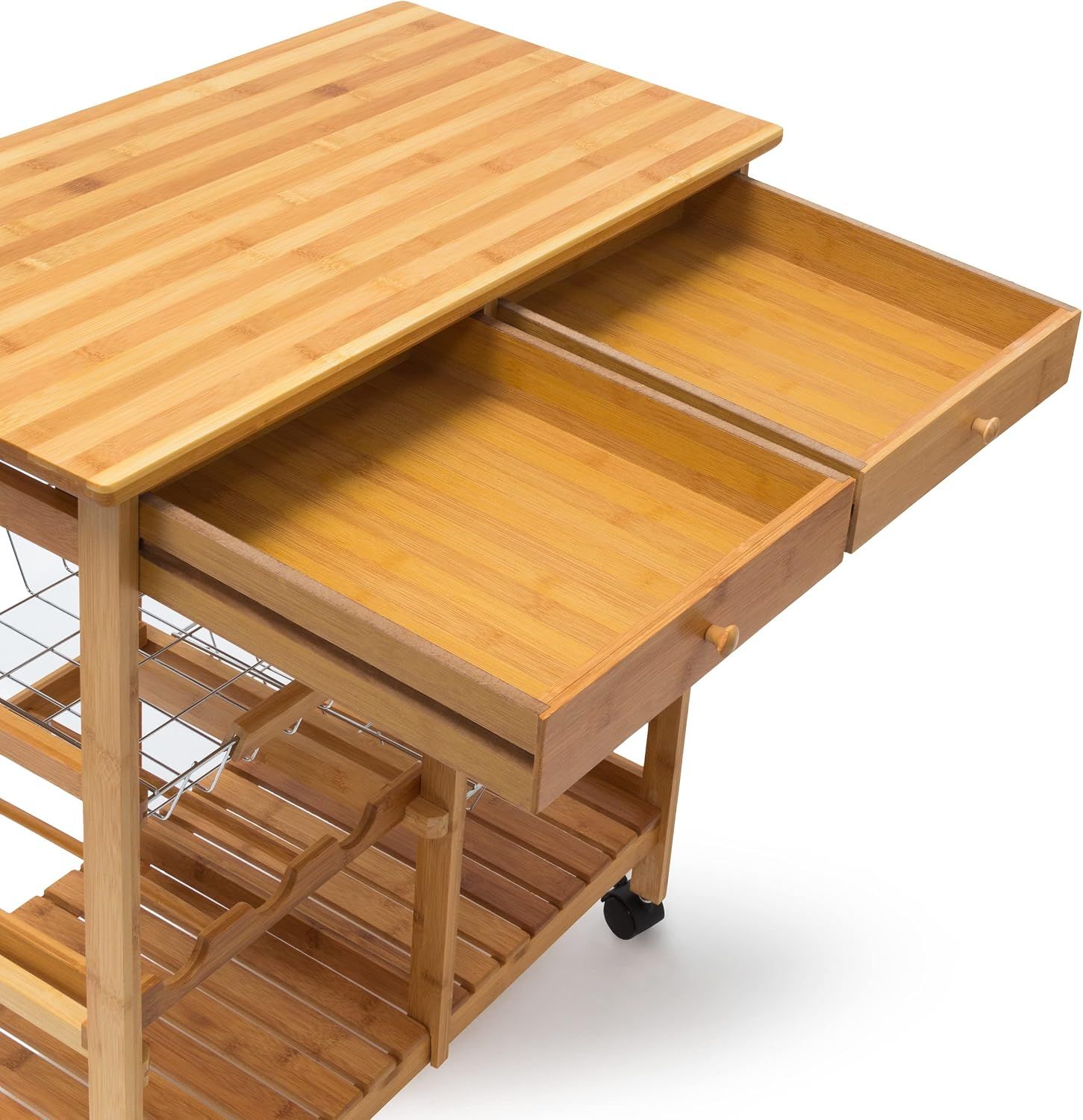 Wooden Kitchen Trolley Rolling Cart with 3 Shelves and Drawers