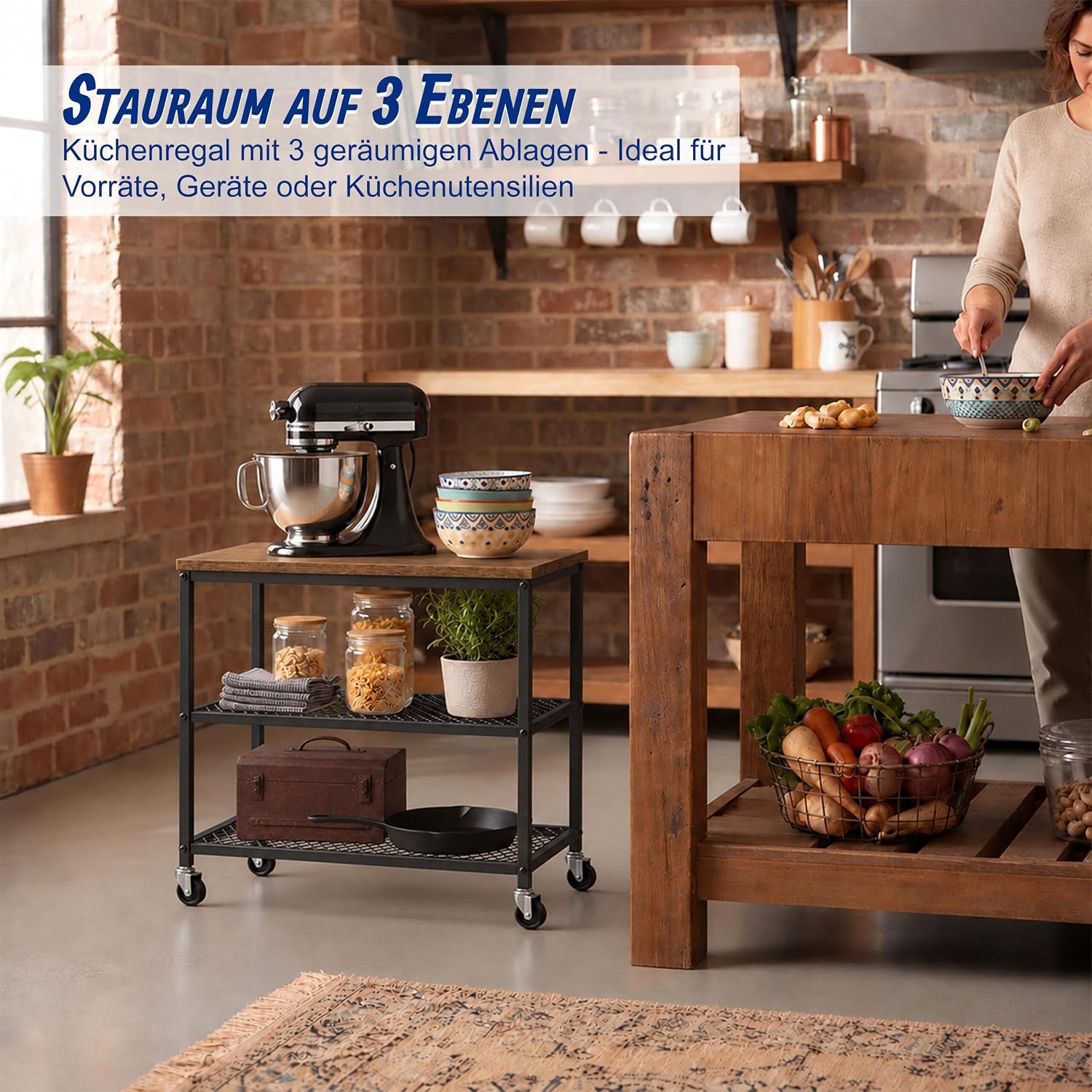 3-Tier Kitchen Trolley with Levelling Feet, Black and Brown Storage Cart