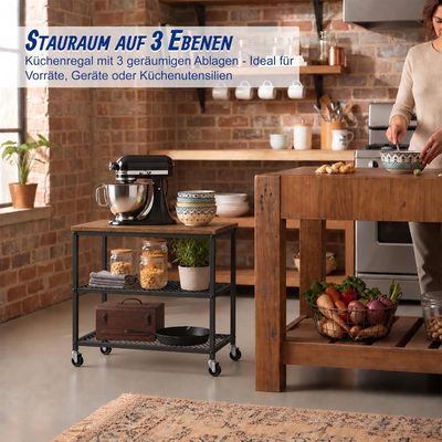 3-Tier Kitchen Trolley with Levelling Feet, Black and Brown Storage Cart