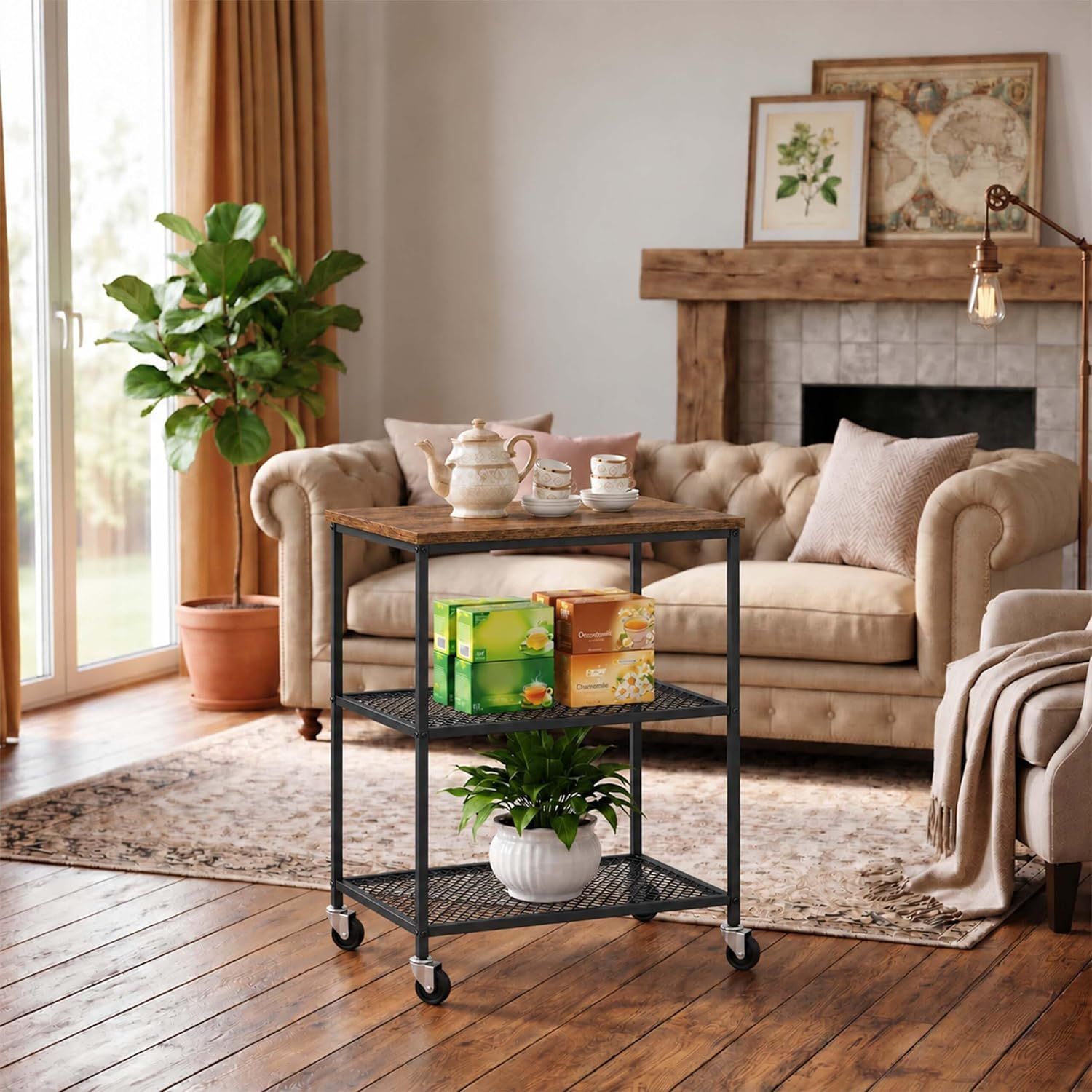 3-Tier Kitchen Trolley with Levelling Feet, Black and Brown Storage Cart