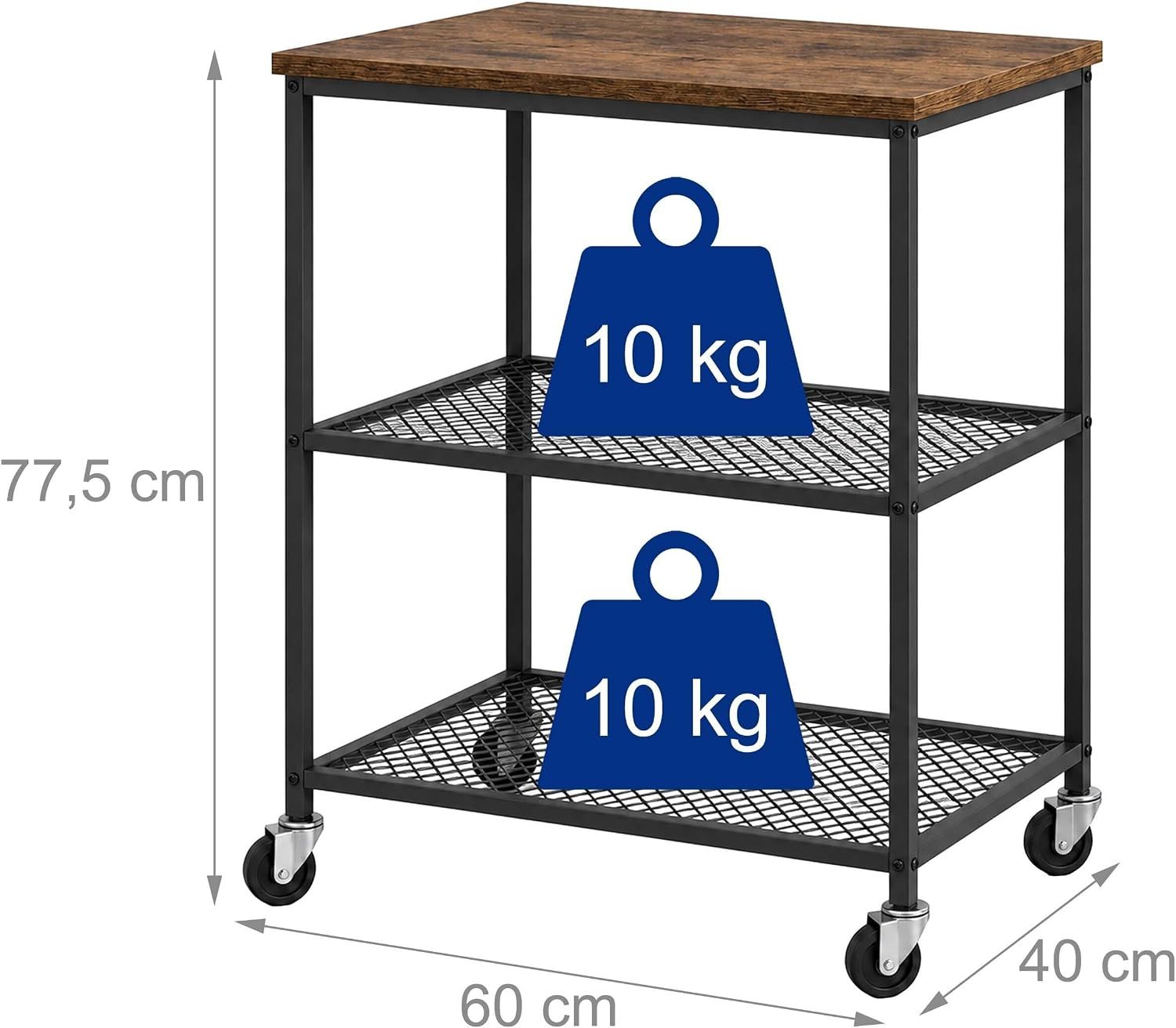 3-Tier Kitchen Trolley with Levelling Feet, Black and Brown Storage Cart