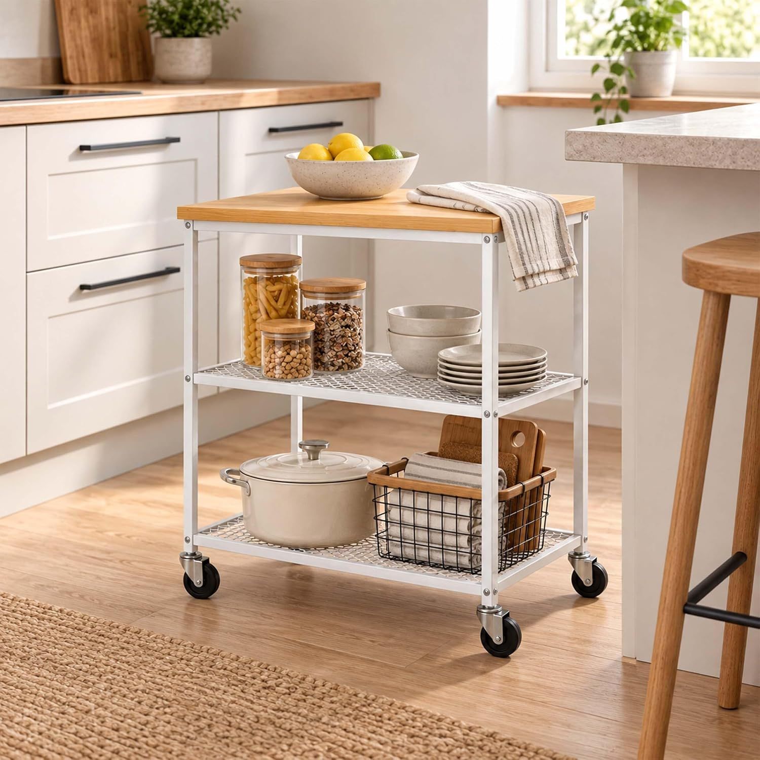 3-Tier Kitchen Trolley with Levelling Feet, Black and Brown Storage Cart