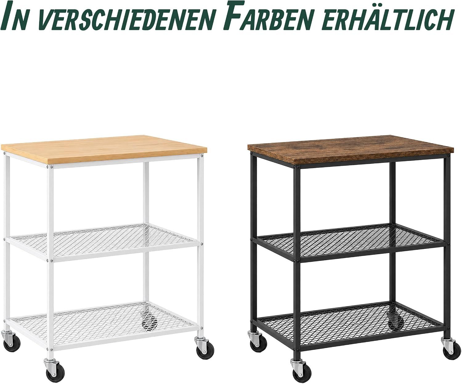 3-Tier Kitchen Trolley with Levelling Feet, Black and Brown Storage Cart