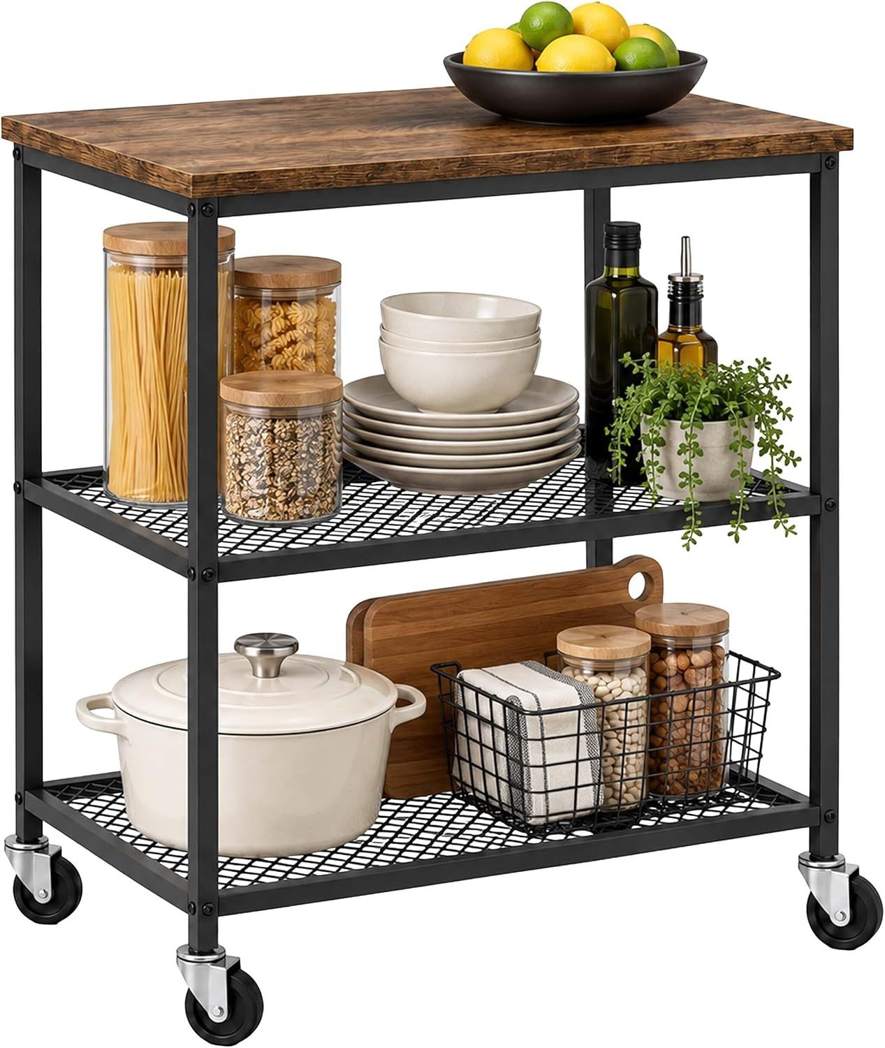 3-Tier Kitchen Trolley with Levelling Feet, Black and Brown Storage Cart