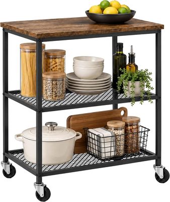 3-Tier Kitchen Trolley with Levelling Feet, Black and Brown Storage Cart