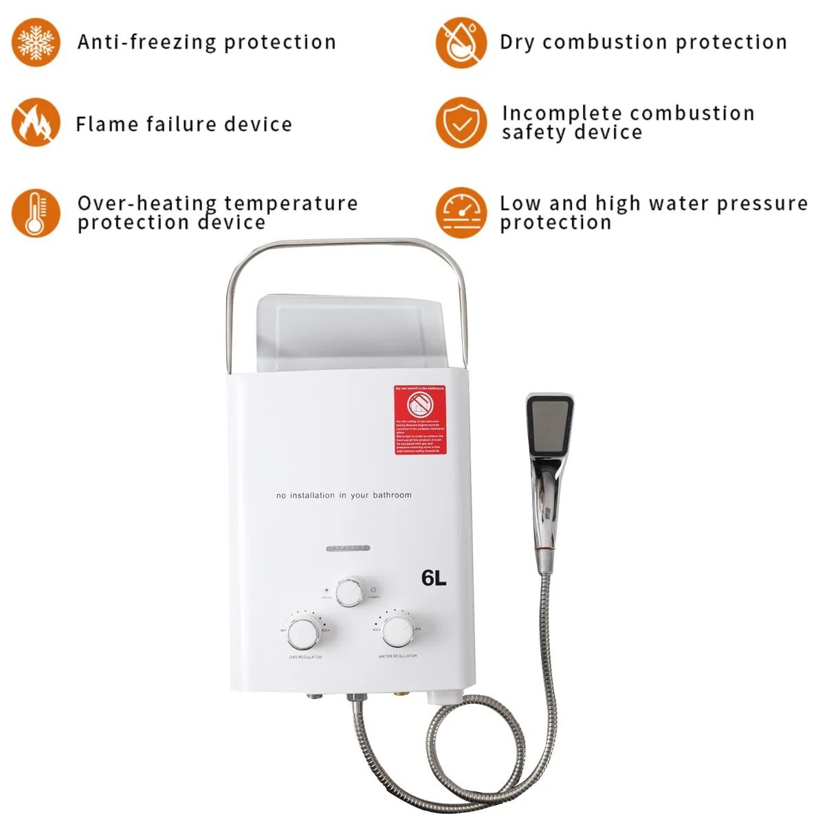 Propane Gas-6L 12kW Tankless Water Heater with Shower Kit