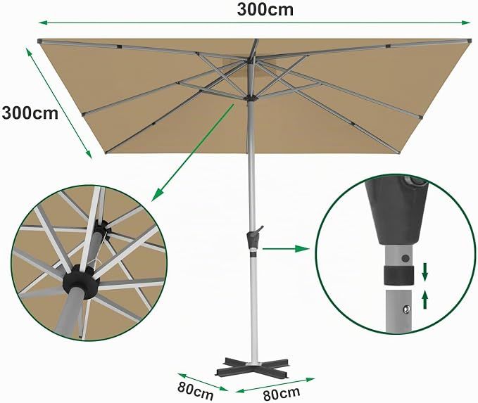 3x3m Square Garden Parasol with Cross Base