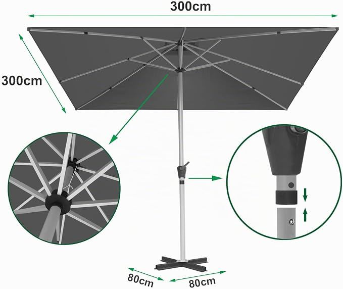 3x3m Square Garden Parasol with Cross Base
