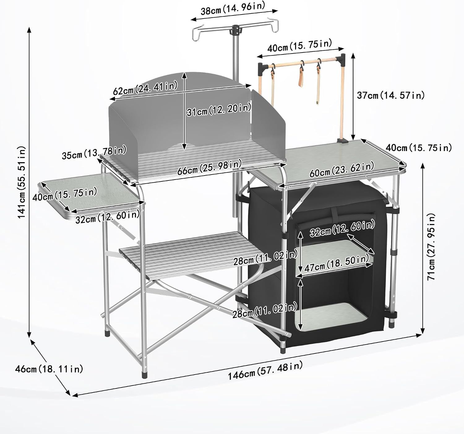 Camping Kitchen Table Foldable with Cabinet Worktop