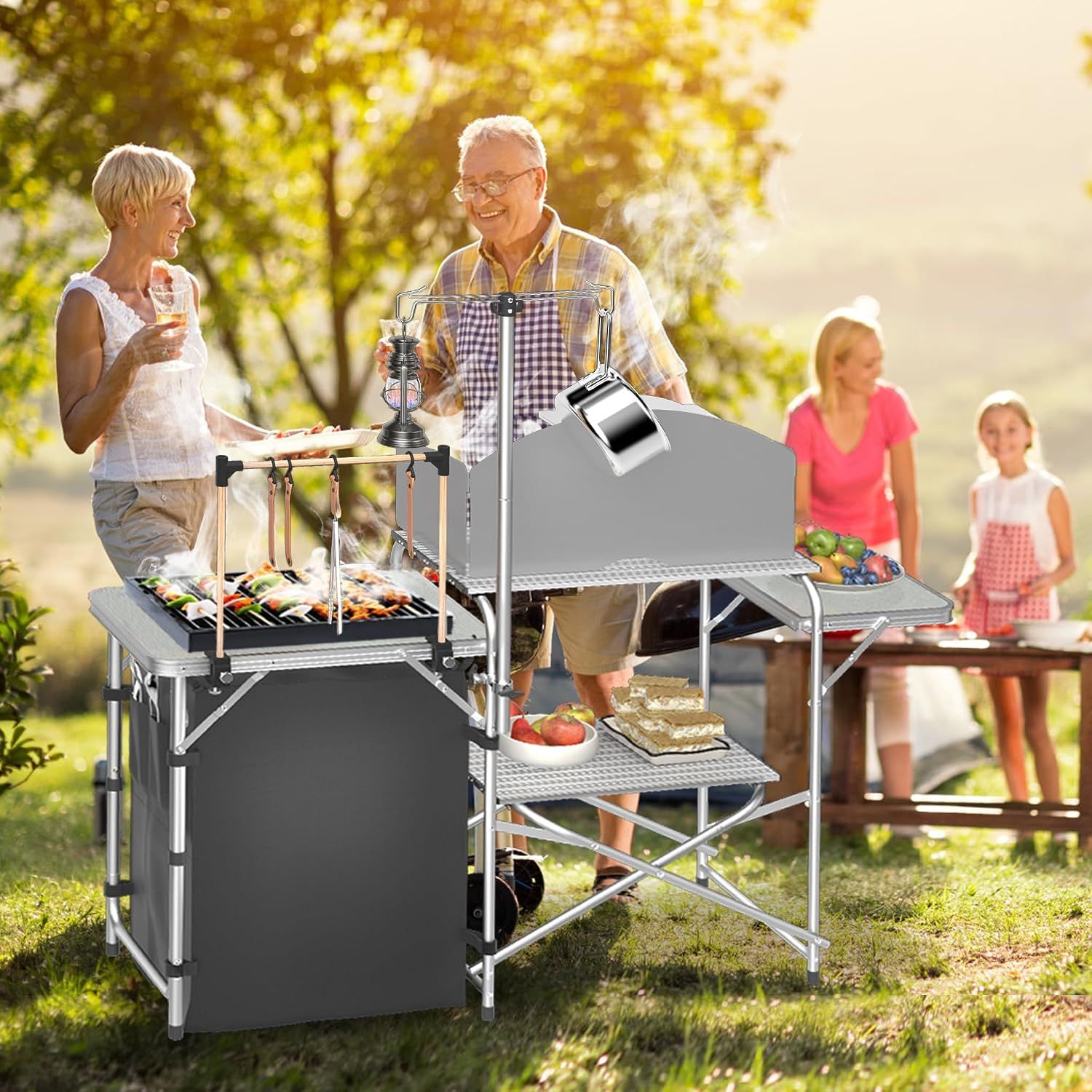 Camping Kitchen Table Foldable with Cabinet Worktop