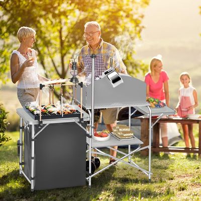 Camping Kitchen Table Foldable with Cabinet Worktop