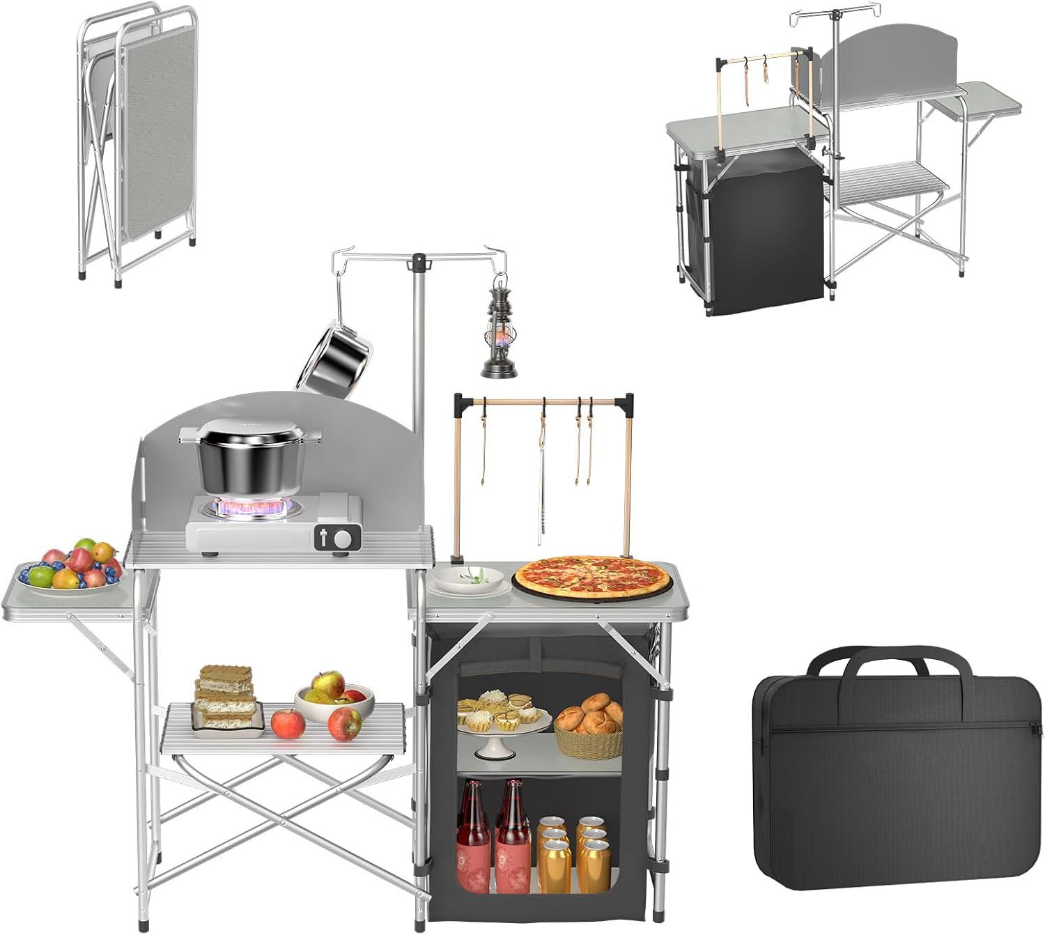 Camping Kitchen Table Foldable with Cabinet Worktop