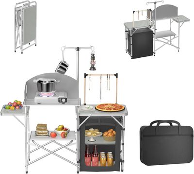 Camping Kitchen Table Foldable with Cabinet Worktop