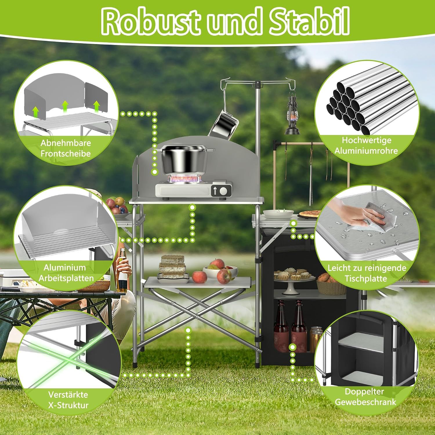 Camping Kitchen Table Foldable with Cabinet Worktop