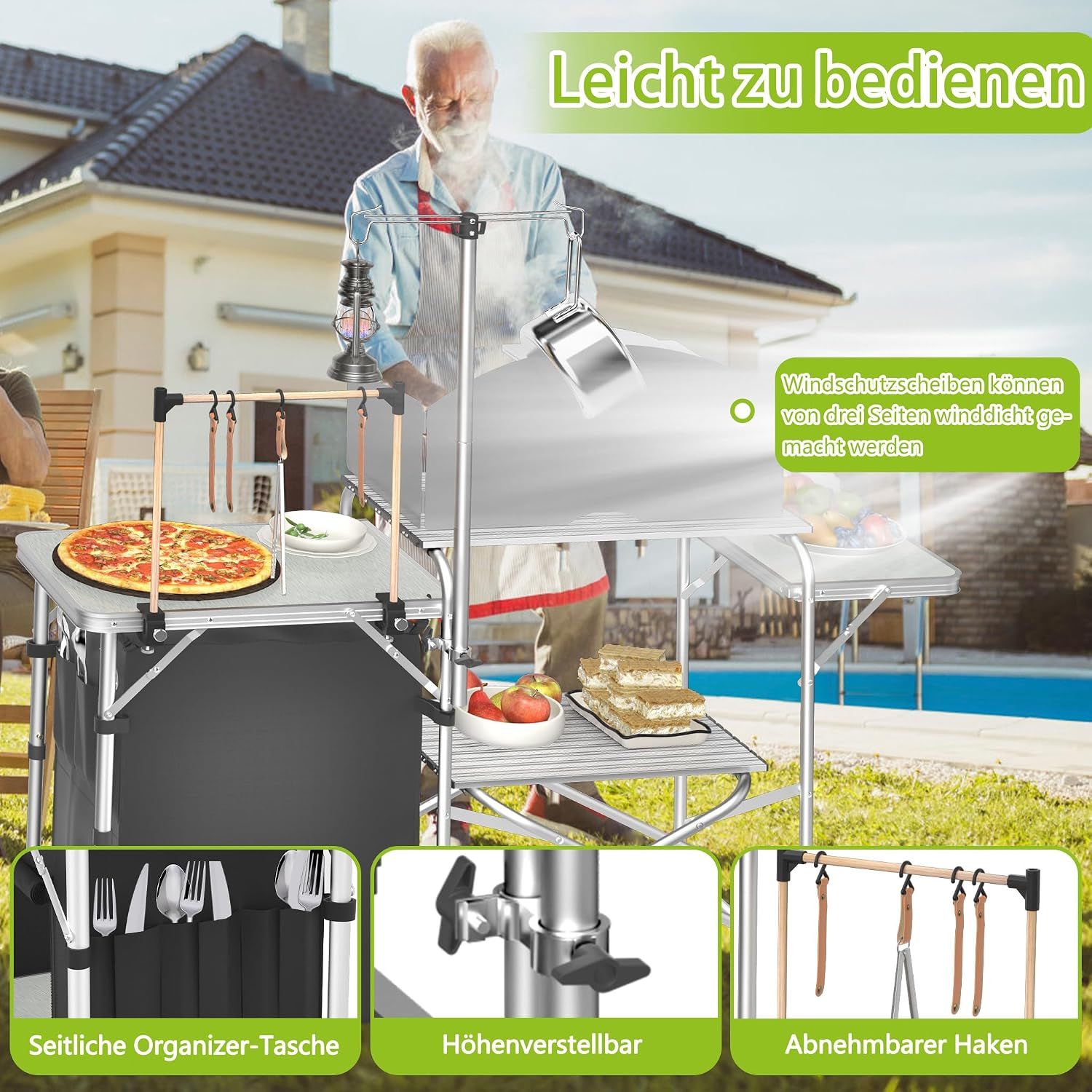 Camping Kitchen Table Foldable with Cabinet Worktop
