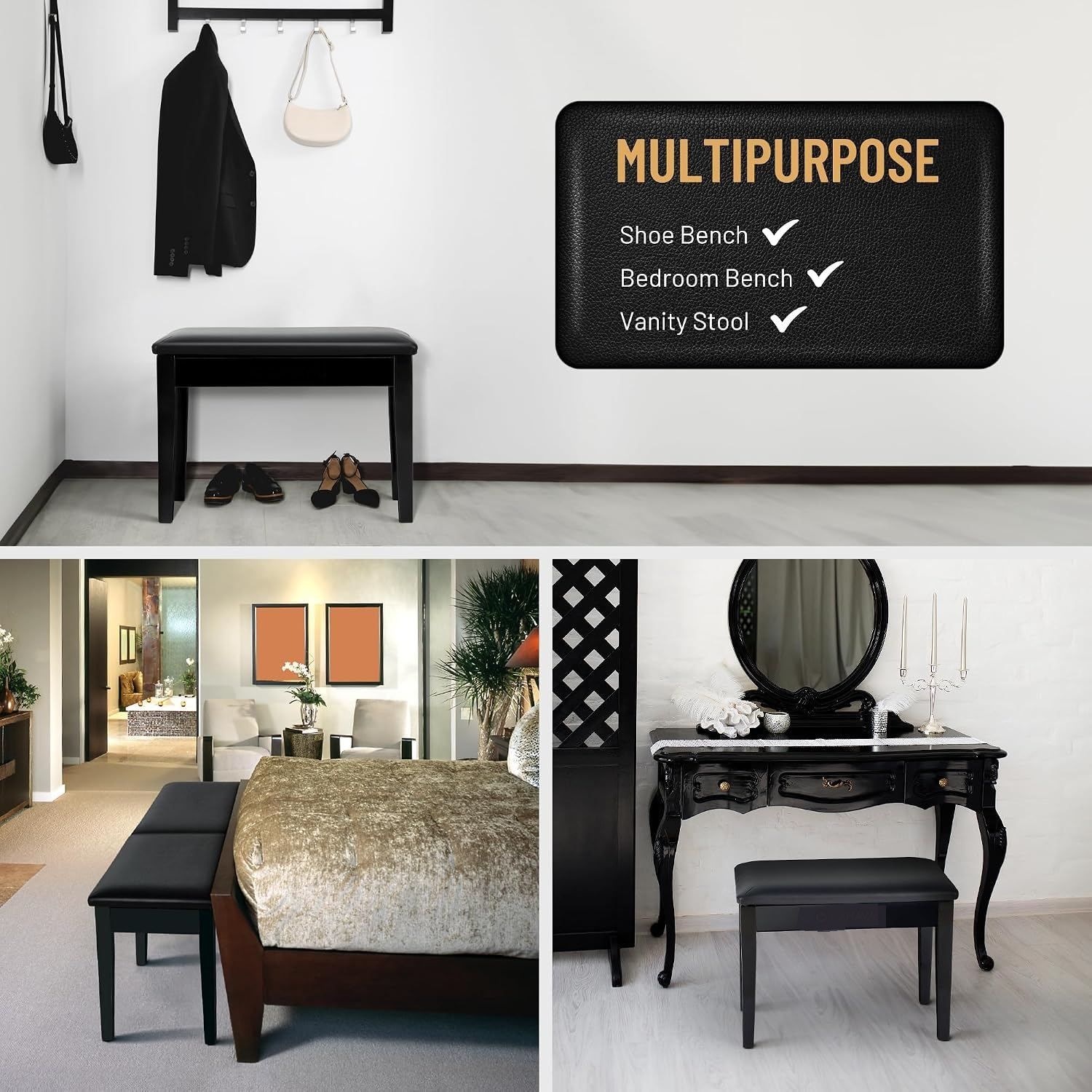 Piano Bench with Storage Compartment Padded Cushion Black Stool
