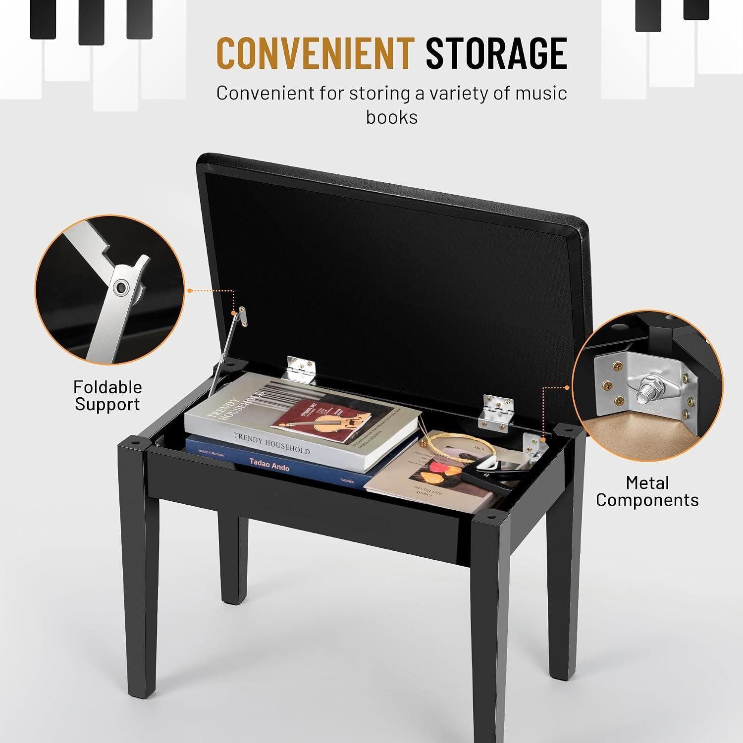 Piano Bench with Storage Compartment Padded Cushion Black Stool