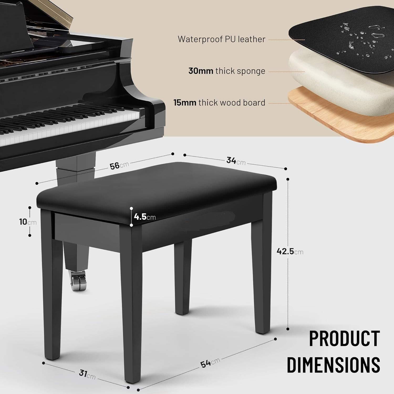 Piano Bench with Storage Compartment Padded Cushion Black Stool