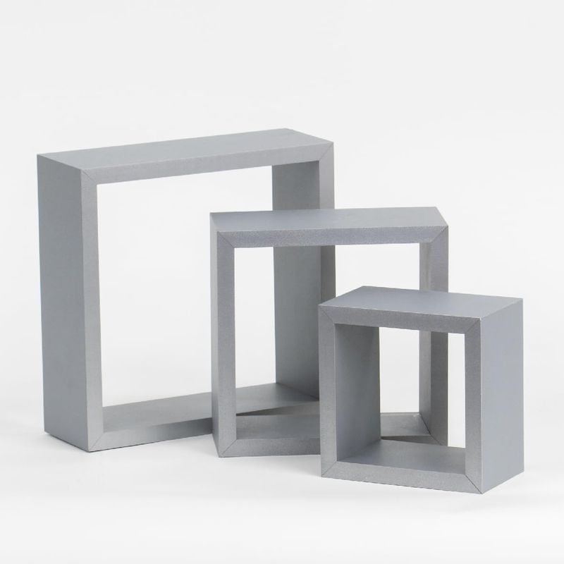 Set of 3-Piece Floating Cube Shelves – Grey Wall-Mounted Storage