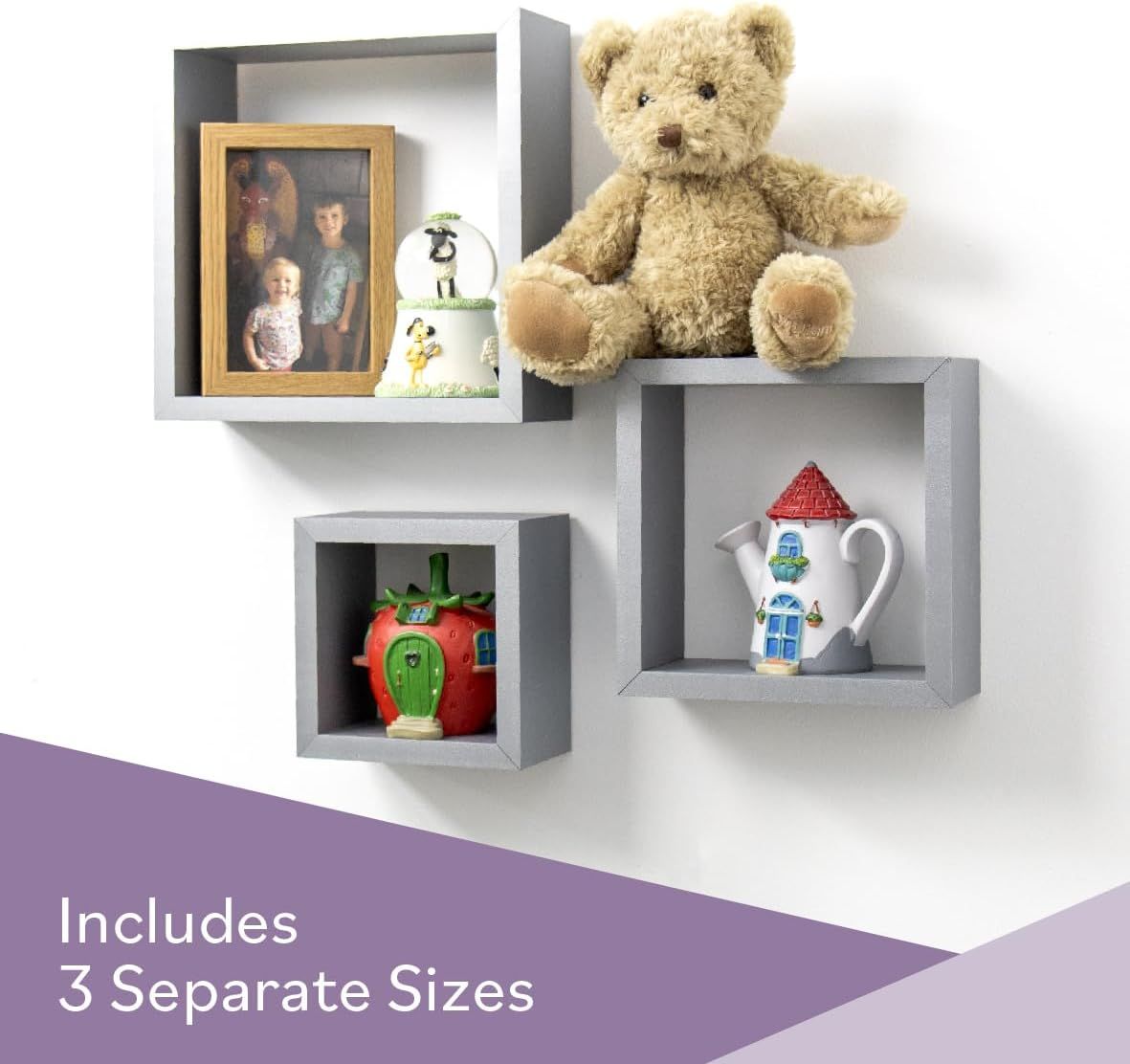 Set of 3-Piece Floating Cube Shelves – Grey Wall-Mounted Storage