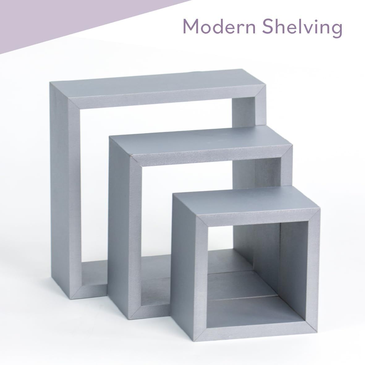 Set of 3-Piece Floating Cube Shelves – Grey Wall-Mounted Storage