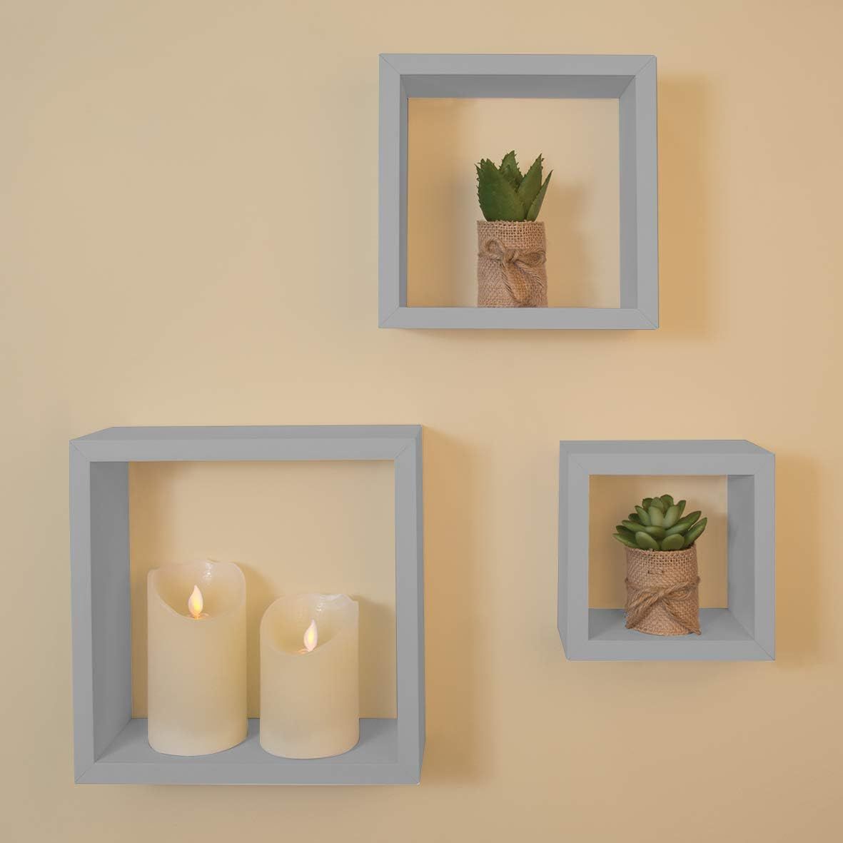 Set of 3-Piece Floating Cube Shelves – Grey Wall-Mounted Storage