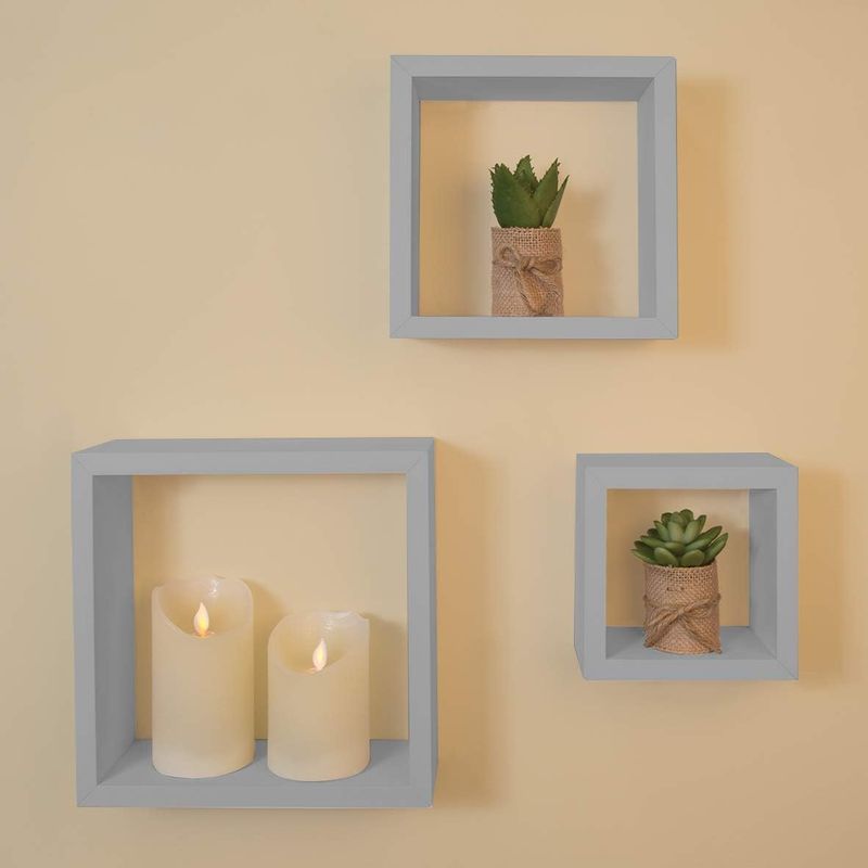 Set of 3-Piece Floating Cube Shelves – Grey Wall-Mounted Storage