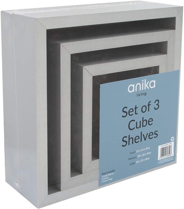 Set of 3-Piece Floating Cube Shelves – Grey Wall-Mounted Storage