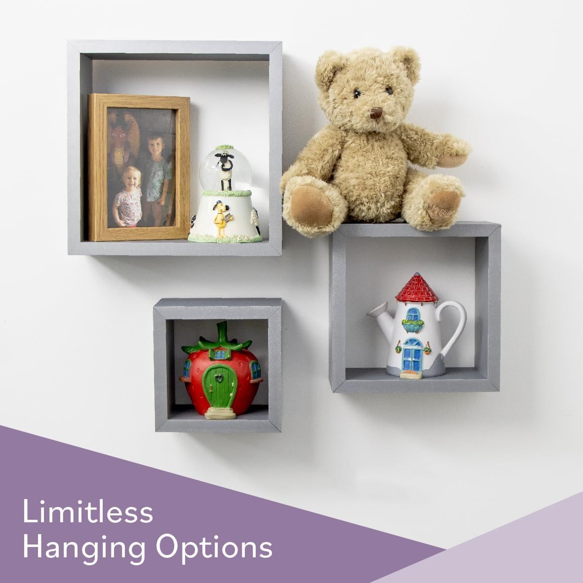Set of 3-Piece Floating Cube Shelves – Grey Wall-Mounted Storage