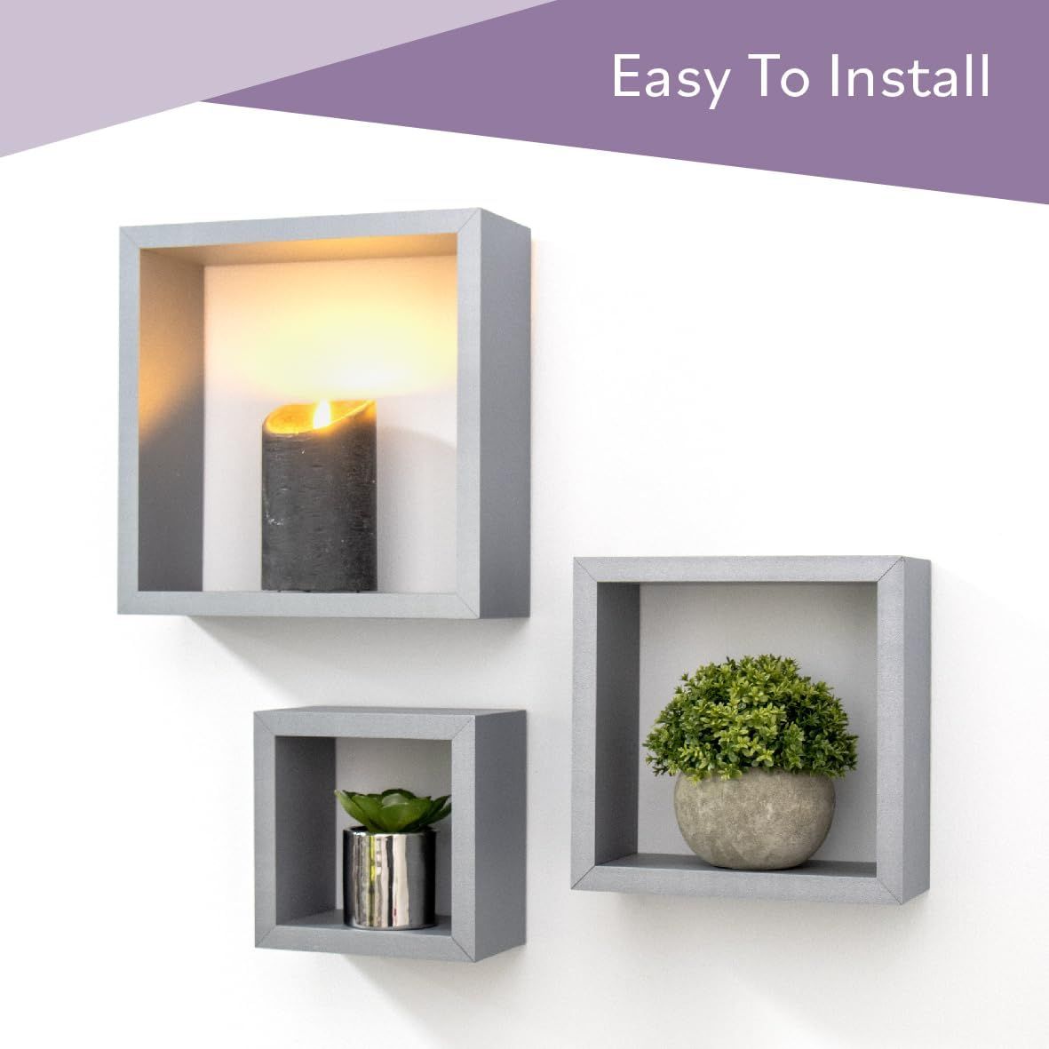 Set of 3-Piece Floating Cube Shelves – Grey Wall-Mounted Storage