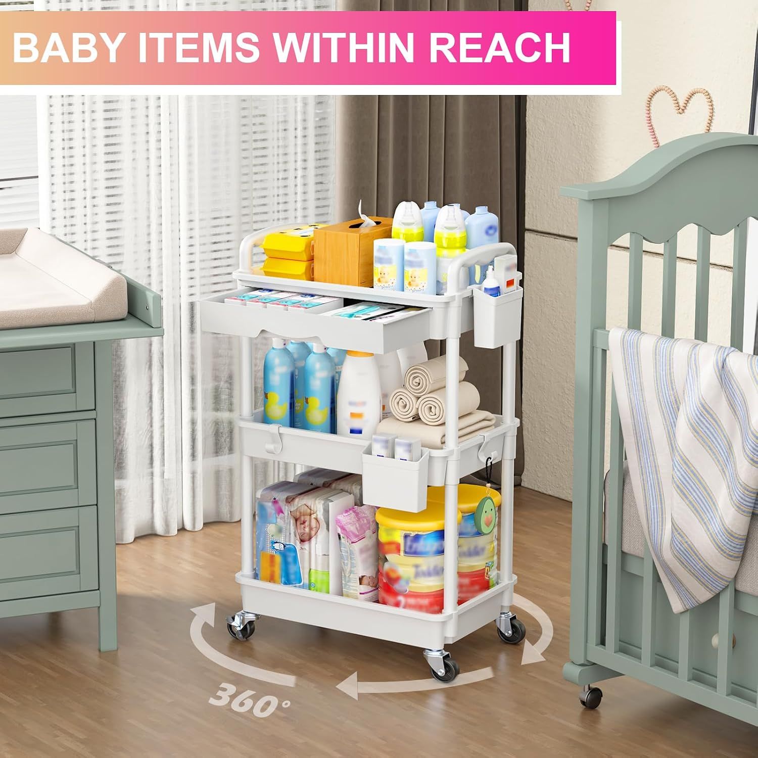 Storage Cart 3 Tier with Drawer &amp; Lockable Wheels