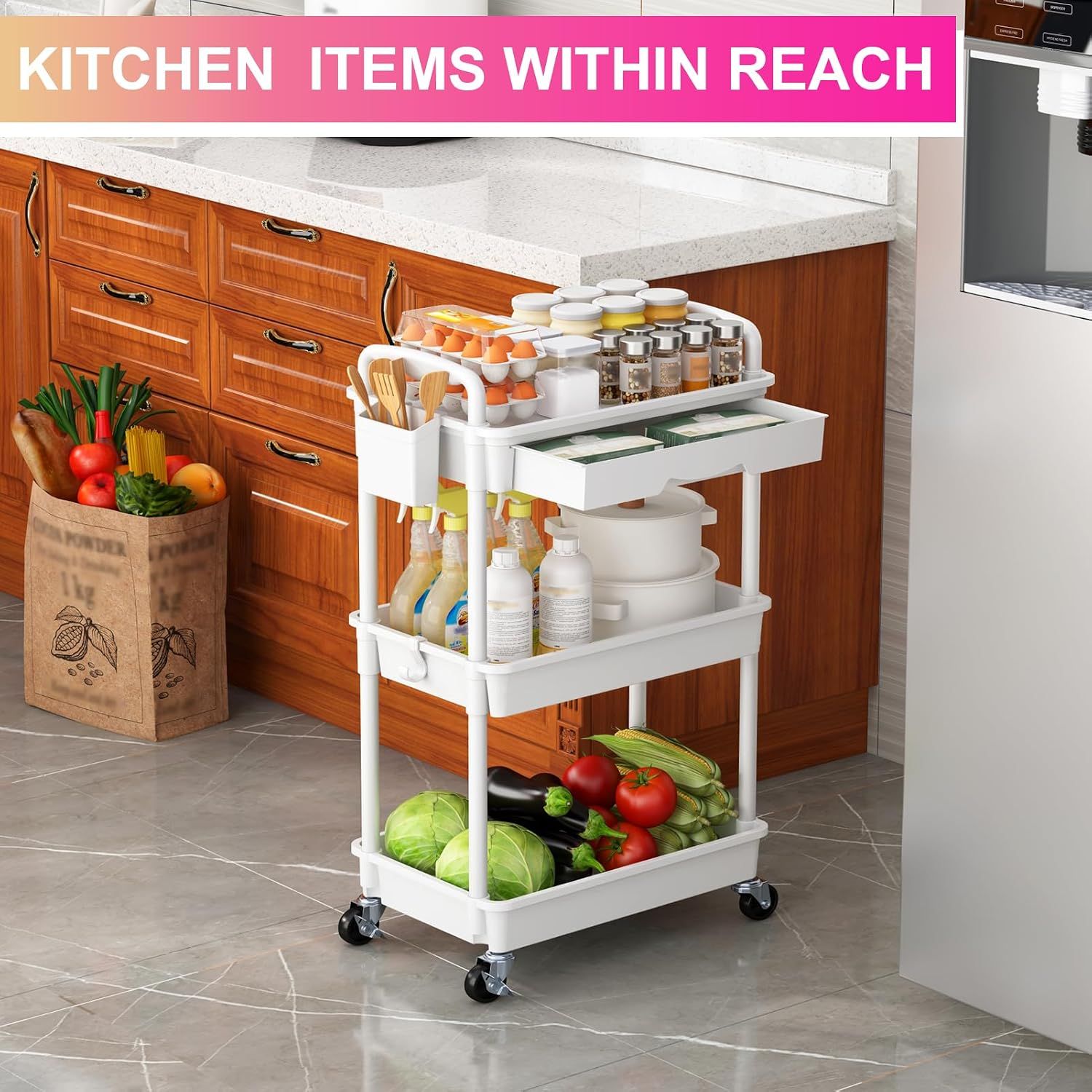 Storage Cart 3 Tier with Drawer &amp; Lockable Wheels