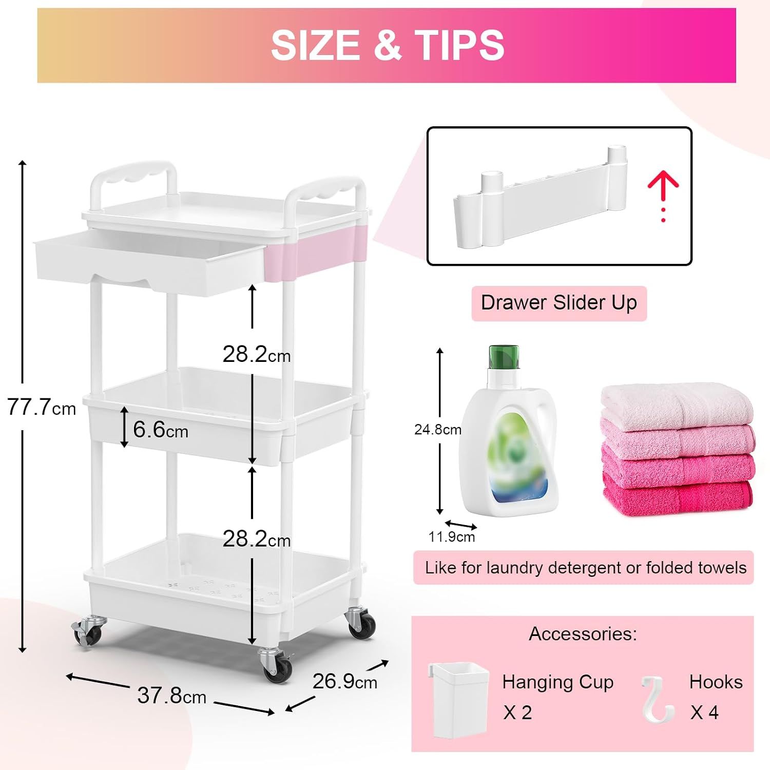 Storage Cart 3 Tier with Drawer &amp; Lockable Wheels