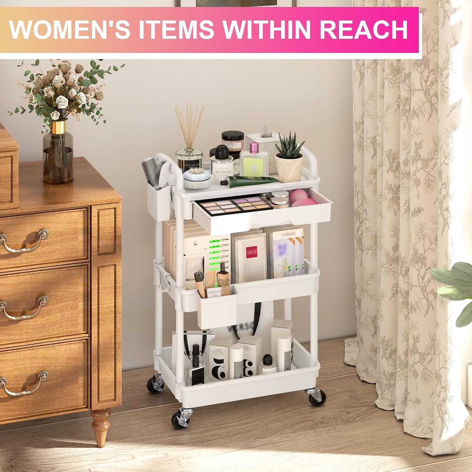 Storage Cart 3 Tier with Drawer &amp; Lockable Wheels