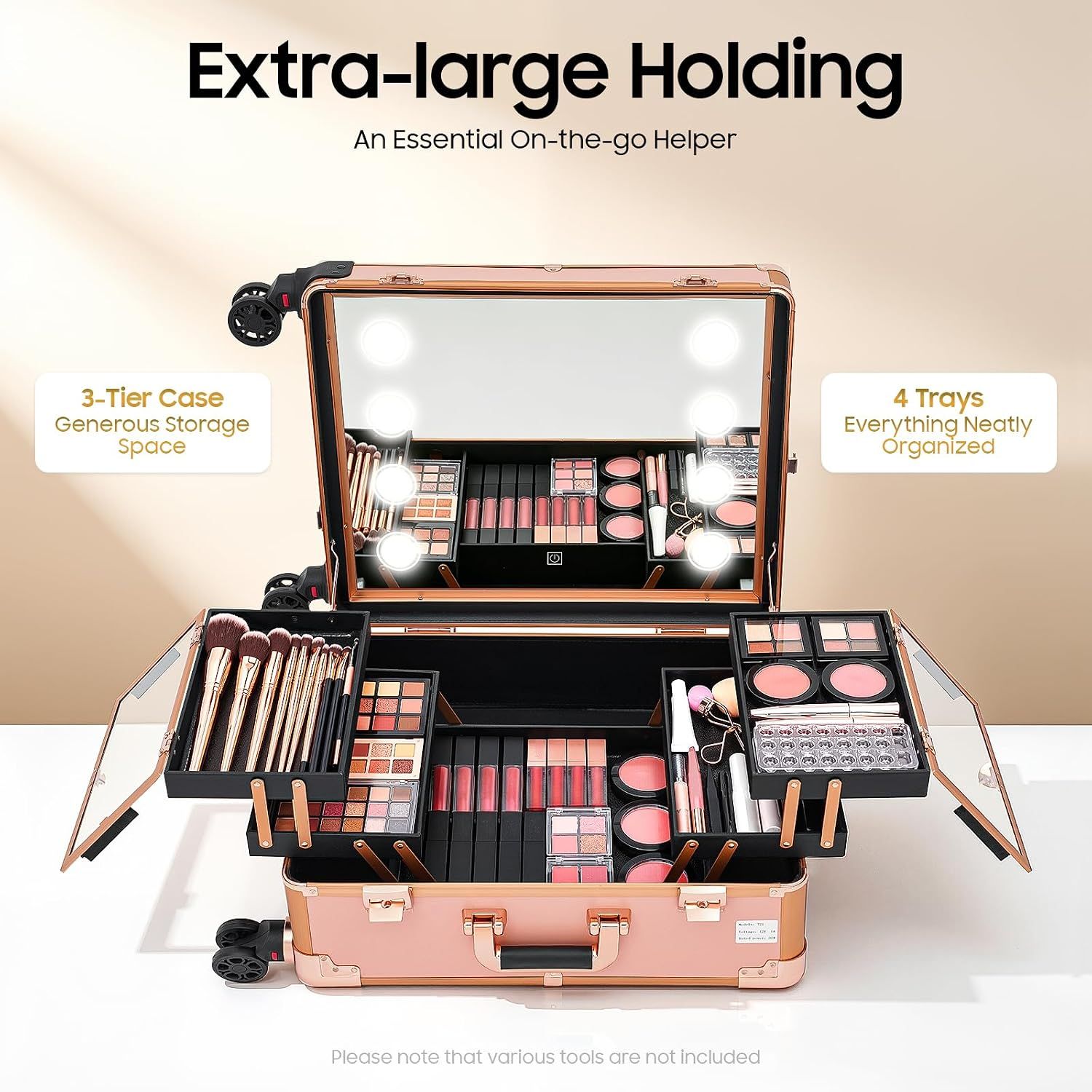 Professional Rolling Makeup Station – LED Mirror &amp; 3-Tier Storage