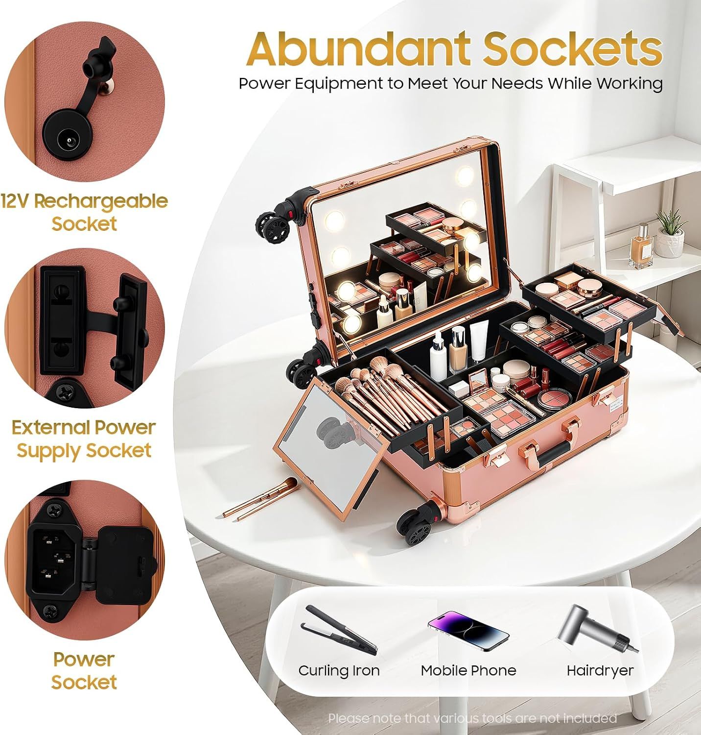 Professional Rolling Makeup Station – LED Mirror &amp; 3-Tier Storage