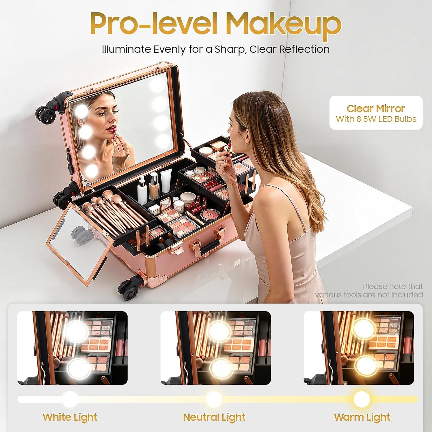 Professional Rolling Makeup Station – LED Mirror &amp; 3-Tier Storage
