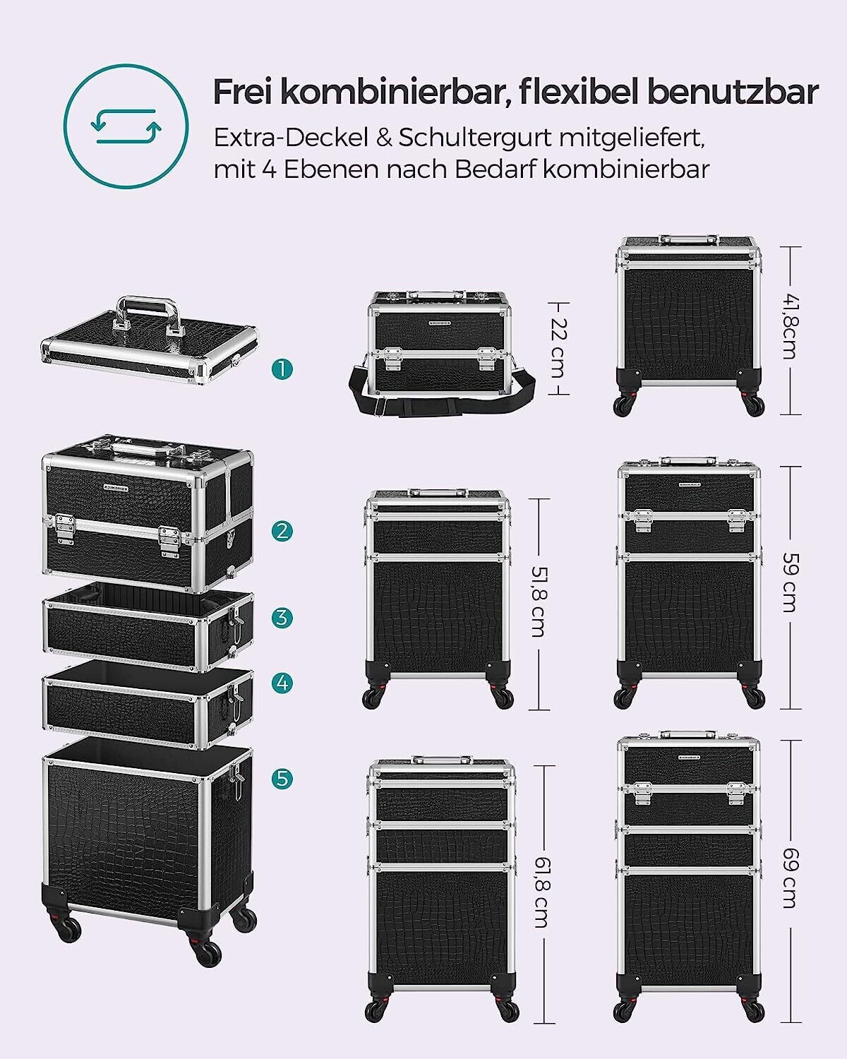 Aluminium Makeup Trolley Cosmetic Case with Detachable Mini-Cases – Portable Storage for Beauty Tools and Supplies